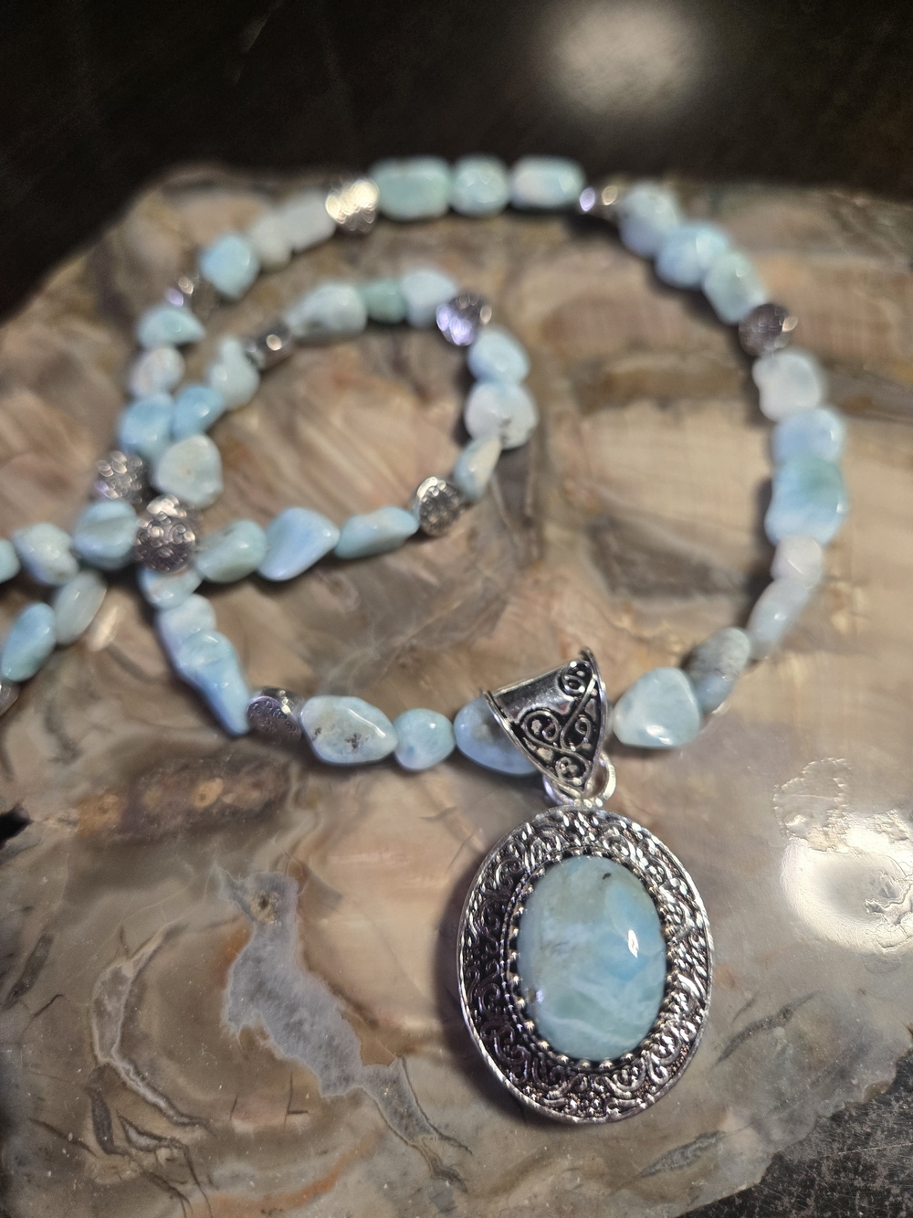 Larimar Beaded Necklace With 925 Pendant - Picture 4 of 4